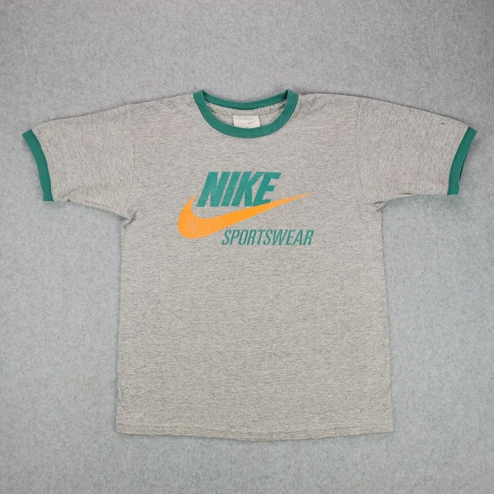 Nike T-Shirt Kids Small 8 Gray Green Ringer Sportswear Logo Tee